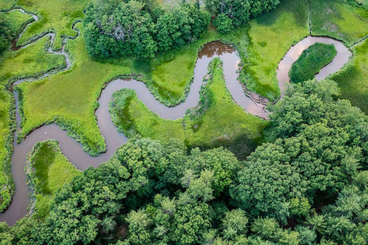 A drone's view of Smelt Brook as flows past the York Land Trust Headquarters property in York, Maine.